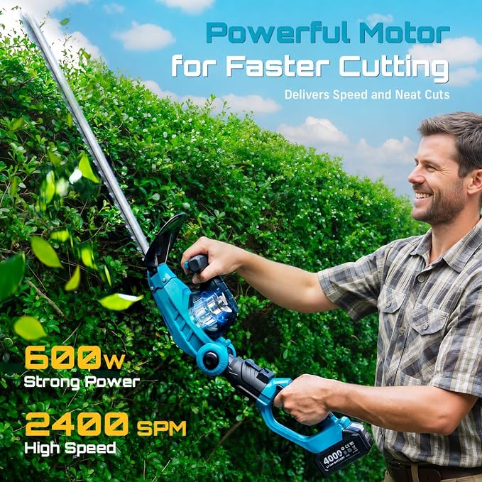 SEESII Pole & Cordless Hedge Trimmer 2-in-1: Electric Bush Trimmer with 20" Dual-Action Blade - 2 x 4000mAh Batteries, Telescopic Pole, Adjustable Rotating Head, Handheld Hedge Cutter for Tree Shrubs