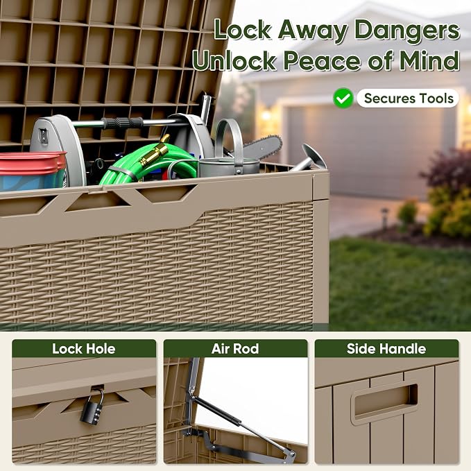 Flamaker Outdoor Storage Box 100 Gallon Waterproof Resin Deck Box Delivery Box with Air Rod Indoor Outdoor Lockable Storage Bench for Patio Cushions, Tools, Pool Accessories (Brown)