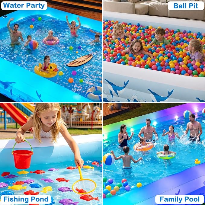 Large Inflatable Pool with Light, 12TF x 6.5TF Inflatable Swimming Pool for Kids Adults, Solar Powered Blow Up Pool Oversized Thickened Family Kiddie Pool for Backyard Outdoor
