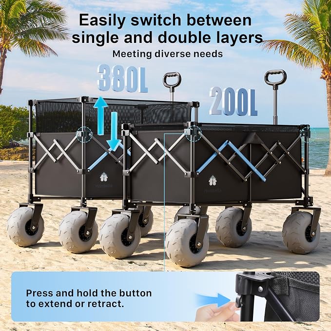 Beach Wagon with Big Wheels for Sand, 450LBS Heavy Duty Foldable Wagon Cart | 9" All-Terrain Inflatable Tires, Adjustable 200L–380L Capacity, Ideal for Groceries, Camping & Sports