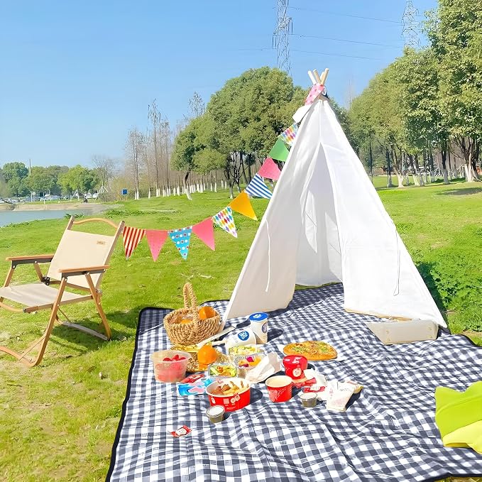 Extra Large Picnic Blanket,78” × 78” Large Camping Blanket,with Handle,Waterproof and sandproof Bottom,Machine Washable,Outdoor Foldable Hiking Blanket，Portable and Easy to Clean (Blue Grid)