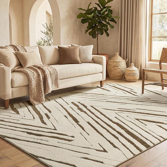5x7 Area Rug for Living Room, Washable Cream Brown Bedroom Rug | Washable Modern Minimalist Rug for Bedroom, Living Room, and Office with Abstract Stripes and Non-Slip Backing