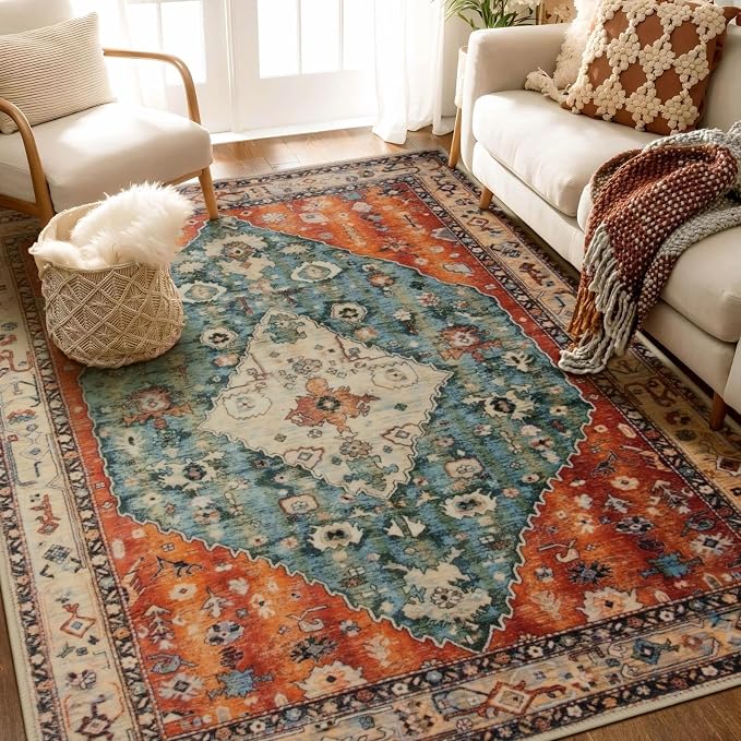 SERISSA 4x6 Washable Non Slip Boho Area Rug for Bedroom | Ultra Soft Vintage Oriental Carpet Low-Pile Distressed Tribal Throw Carpet for Entry Living Room Nursery Kitchen Dorm Decor