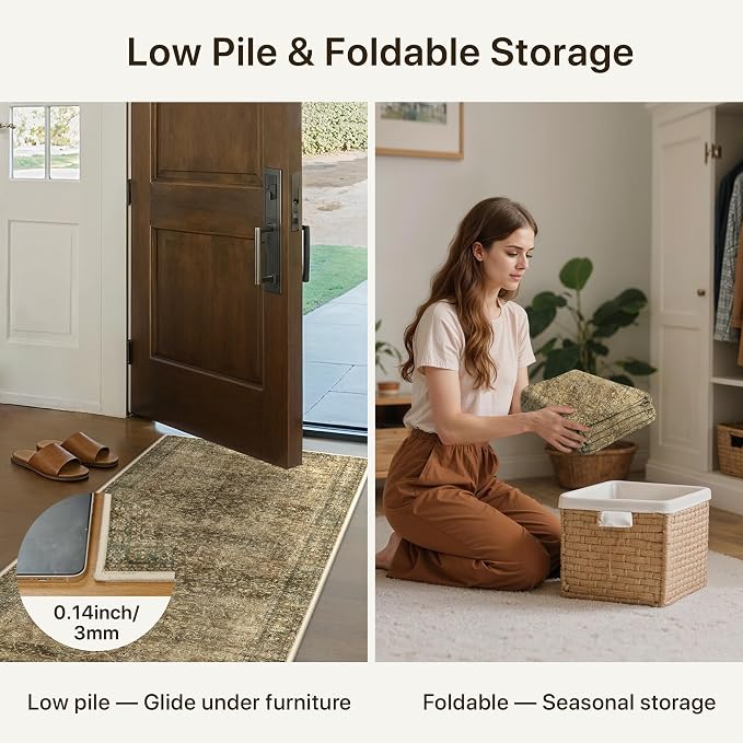 2'6" x 8' Kitchen Runner Rug, Washable Non Slip, Brown Olive | Vintage Floral Design, Spill Resistant Lightweight Low Pile Carpet for Hallway, Bedroom, Laundry Room, Bathroom