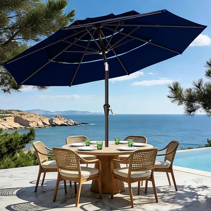 AreShark 9ft 3-Tier Patio Umbrellas, Outdoor Umbrella with 8 Sturdy Ribs UV Protection Windproof, Market Table Umbrella w/Push Button Tilt & Crank for Pool, Porch, Deck, Garden(Navy)