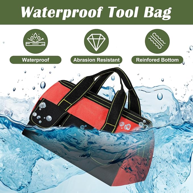 4 Pcs Tool Bag for Men Women Heavy Duty Tool Tote with Waterproof Hard Bottom Multi Pockets Large Mouth Organizer for Various Worker Electrician Carpenter Mechanic(13 Inch,Blue Red Yellow)