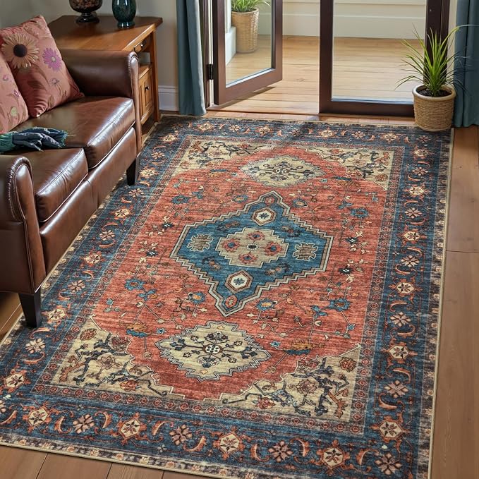 Tangsoo Oriental 3x5 Washable Area Rugs, Vintage Non Slip Accent Rug | Boho Indoor Print Distressed Carpet, Soft Low Pile Rug for Living Room Dining Bedroom Bedside Entryway Terracotta Blue