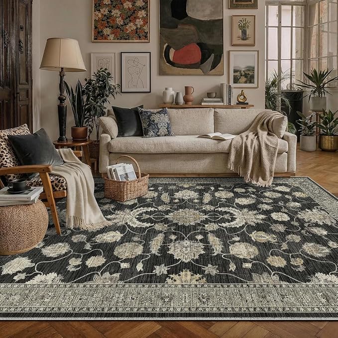 Washable 4'x6' Vintage Area Rug for Bedroom Living Room | Farmhouse Carpet For Bedroom Kitchen Office Hallway Entryway Printed Pattern Non-Slip Soft Stain-Resistant Easy To Clean