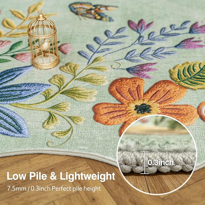 FMFUNCTEX 6x9 Washable Mint Green Floral Scalloped Area Rug for Living Room | Vintage Flower Colorful Traditional Boho Distressed Soft Non Slip Low Pile Large Pattern Indoor Carpet Dining Bedroom Nursery