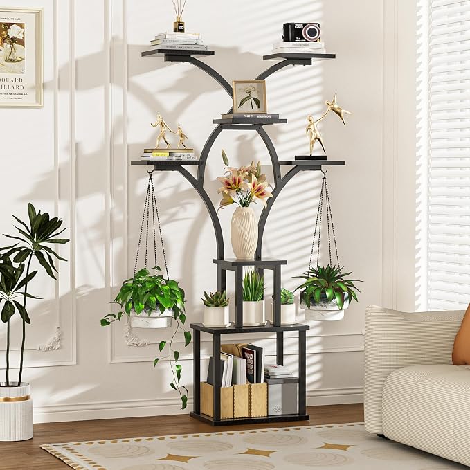 Elbourn 8 Tiered 60" Tall Plant Stand Indoor Shelf with Grow Lights (Black) | Corner Shelf Decor
