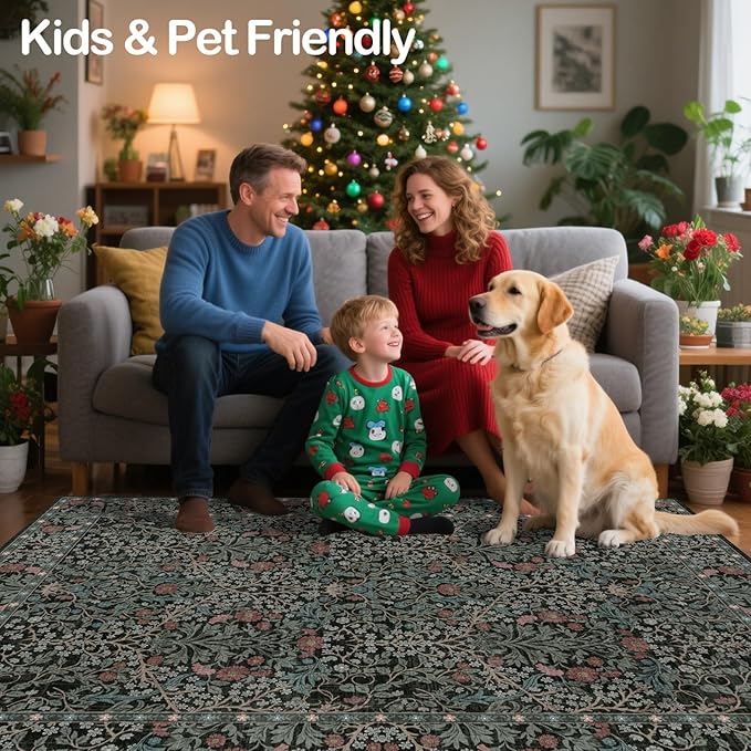 8x10 Washable Area Rugs for Living Room, Stain Resistant Vintage Rugs for Dining Room Under Kitchen Table, Bedroom, Floral Low Pile Non-Slip Large Carpet (8 x 10 Dark Green)