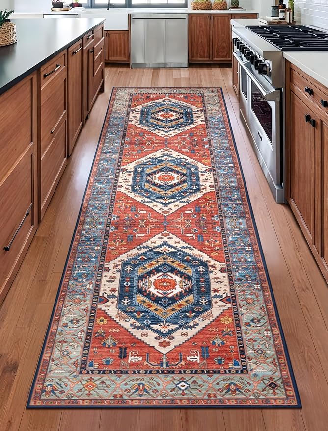 SERISSA 2'6"x10' Washable Non Slip Boho Runner Rug for Hallway，Rust | Ultra Soft Vintage Oriental Carpet Low-Pile Tribal Floor Carpet for Kitchen Stair Bedroom Bathroom Laundry Room