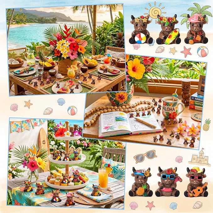 Yaomiao 60 Pcs Mini Highland Cow Figurines Resin Hawaii Highland Cow Figurines Summer Miniature Resin Gift Hawaii Decorations for Beach Hawaiian Party Favor Gift Tiered Tray Decor