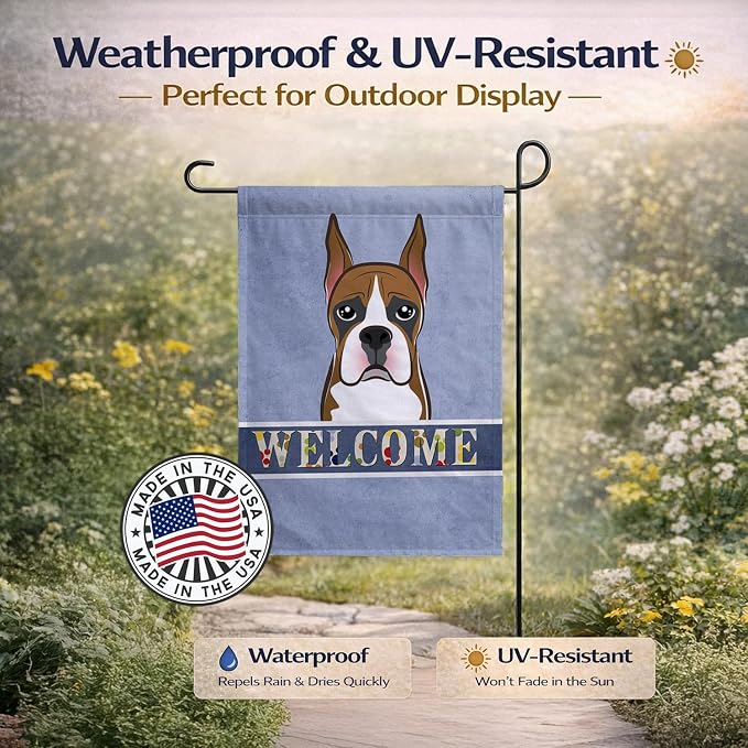 Caroline's Treasures BB1409GF Boxer Welcome Garden Flag, Blue Mailbox Flag Decorative Yard Flag Banner Outside Patio Artwork Yard Flower Beds, Garden Size, Multicolor