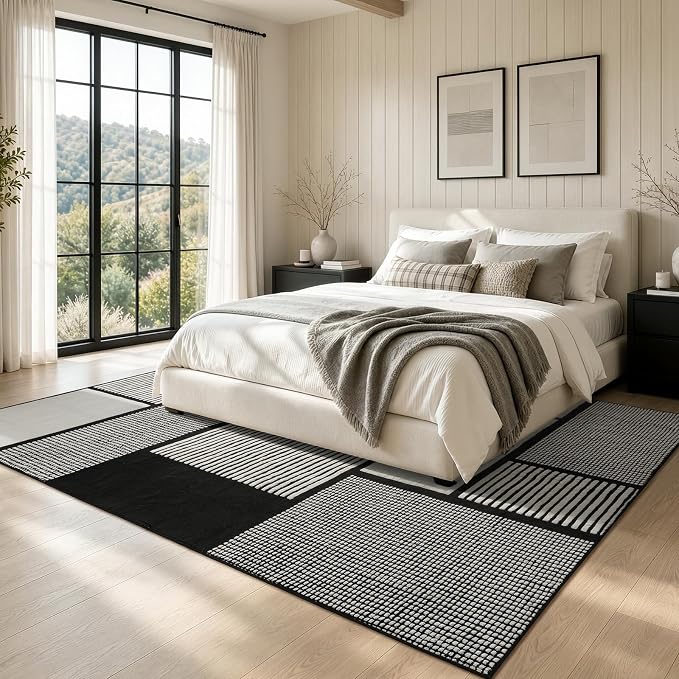 6x9 Black and White Area Rug, Washable Non Slip Living Room Carpet | Stain-resistant Low-pile Black and White Geometric Rug, Abstract Patchwork Carpet for Living Room Bedroom and Dining Room
