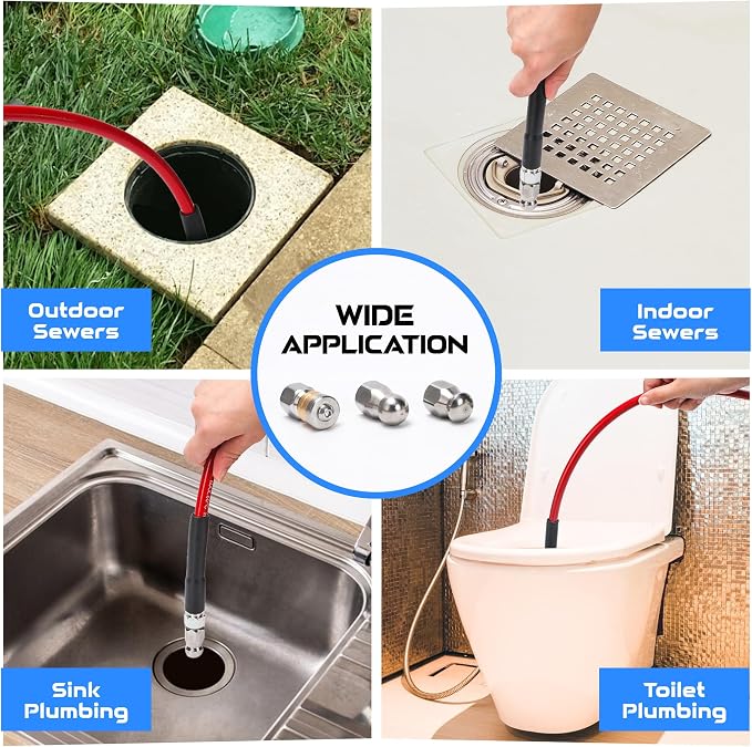Sewer Jetter Kit for Pressure Washer 50 FT, Drain Cleaner Hose with Power Washer Gun, 1/4 Inch NPT Corner, Rotating and Button Nose Sewer Jetting Nozzle,Waterproof Tape, Pearl Corsage Pin, Spanner