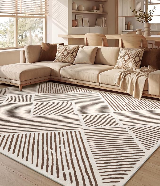 6‘x9' Washable Brown and Cream Area Rug for Living Room | Non-Slip, Soft, Low Pile, Stain Resistant, Large Farmhouse Geometric Stripe Tan Rug for Bedroom Dining Room