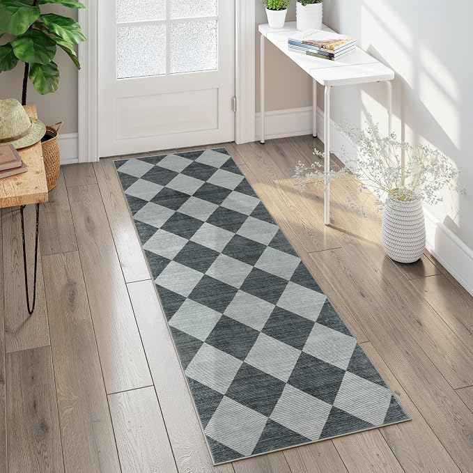 Beeiva Checkered Print Hallway Rug 2x6, Ultra Thin Kitchen Rug Runner Non Slip Washable Carpet Runners for Hallway 6ft, Modern Diamond Stain Resistant Floor Carpet for Bathroom Bedroom Entryway