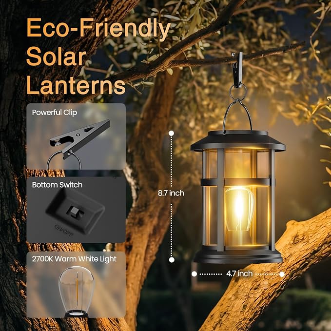 Otdair 4 Pack Solar Lanterns Outdoor Waterproof, Upgraded Warm White Hanging Solar Lights for Outside, Solar Powered Lantern for Patio Yard Garden Porch Decor, Gift for Mom Housewarming