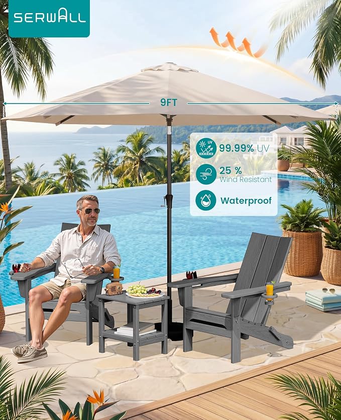 SERWALL Modern Folding Adirondack Chair Set with 9 Ft Umbrella, Folable Adirondack Chairs Set of 2 with Cup Holders, HDPE Fire Pit Chairs for Patio Lawn Garden, Gray (Umbrella Base is not Included)