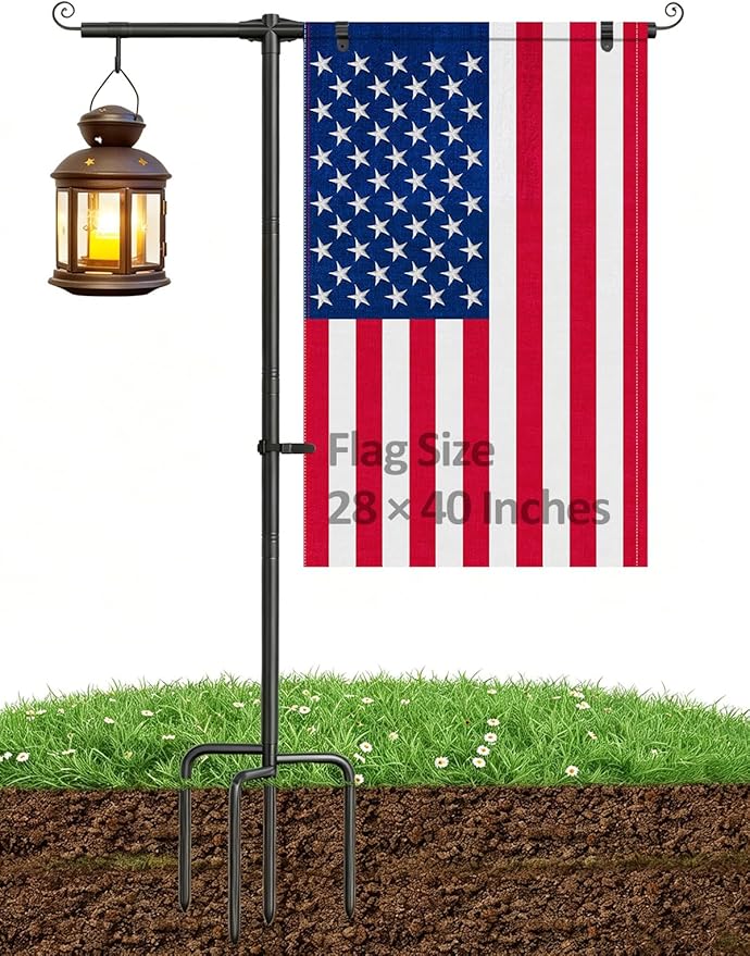Garden Flag Stand Holder 64" Heavy Duty Pole Stainless Steel Holder | 3/4" Diameter with Shepherd Hooks and 4-Prong Base for 28x40 Flags, Rust-Resistant for Outdoor Yard Lawn Decor All Holidays