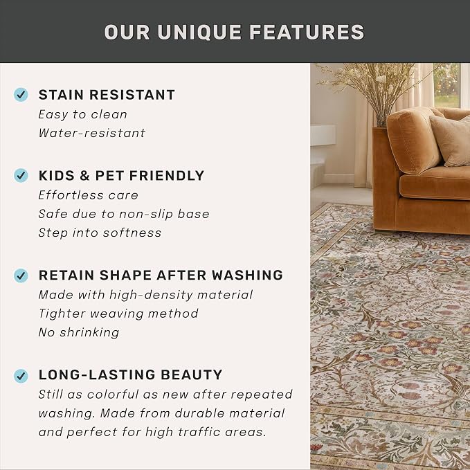 2x8 Moss Green Washable Bathroom Runner Rug - Non Slip Floral Rugs for Entryway Indoor, Kitchen - Vintage Floral Design Orenital Home Décor, Stain Resistant Carpet