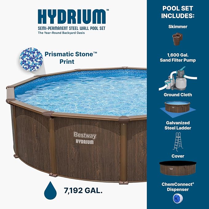 Bestway Hydrium 18' x 52" Steel Side Wall Above Ground Pool with Pump | Semi-Permanent All-Season Swimming Pool with Galvanized Steel Frame - Sand Filter Pump, Ladder, Cover, and Skimmer Included