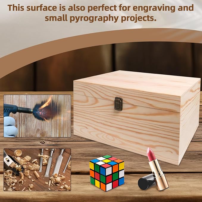 13.8x9.9x6.7-Inch/ 3.33-Gal. X-Large Unfinished Wooden Box for DIY Crafts & Storage with Hinges & Retro Front Clasps - Natural Pine - Smooth Paintable Surface