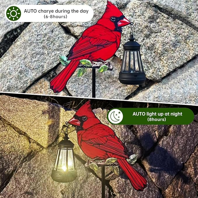 2 Pack Solar Lanterns Outdoor Decor Solar Bule Jay Lanterns Solar Cardinal Redbird Lights Metal Stake Yard Garden Decor Art Figurine Waterproof LED Lights Gifts for Mom Grandma Women (Red Bird)