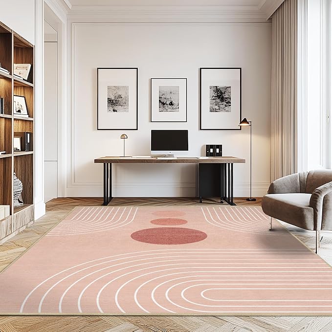 8x10 Area Rug for Living Room Boho Modern Minimalist Geometric Abstract Large Rug Pink Mid Century Modern Machine Washable Non-Slip Printed Low-Pile Indoor Floor Carpet Dining Room Bedroom Pink