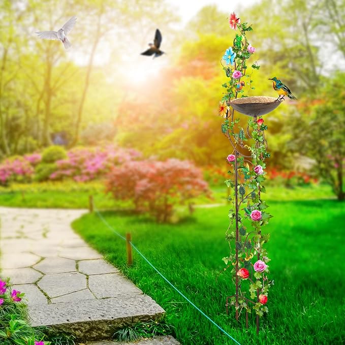 YADOOLIFE 57” Bird Bath with Garden Trellis for Climbing Plants Outdoor, Small Decorative Trellises Metal Birdbath Bird Baths, 1 Piece (Hummingbird)