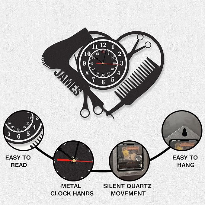 Personalized Indoor Outdoor Wall Clock, Barber Equiment Tools Metal Clock, Salon Wall Decor, Silent Non-Ticking, Barber Shop Business Modern Wall Clocks, Ideal for Shop Office Home, Hairdresser Gift