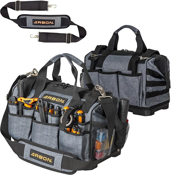 Arbon Electrician Tool Bag – Heavy Duty Organizer with 34 Pockets, Large Storage for Men, 5-Layer Reinforced Walls, Metal Frame, Hard Molded Base, Water Resistant Polyester PP Plastic, Grey, 52+ lb