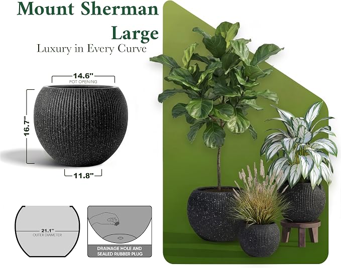 DTY Premium Mt Sherman Fiberstone Sphere Planter for Indoor Outdoor Use, Round Pot for Olive Tree, Lightweight, Smooth Finishes. 2 Coco Mats. Ribbed Black, Large 21.1'' D x 16.7'' H. 14.6” Pot Opening