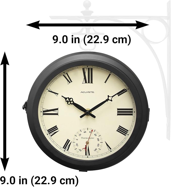 AcuRite 9-Inch Indoor/Outdoor Double-Sided Hanging Clock with 360-Degree Spin Functionality, Iron Metal Frame, Glass Lens, Quartz Crystal Movement, Weatherproof and Premium Thermometer (75140M),Black