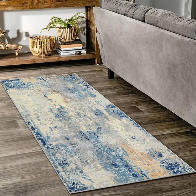 Lahome 2x4 Washable Hallway Runner Rug, Non Slip Runner Rug, Easy Clean Soft Stain Resistant Carpet for Entrance, Front Door, Door-Friendly Mat with Low Pile, 2 x 4 Blue/Ivory