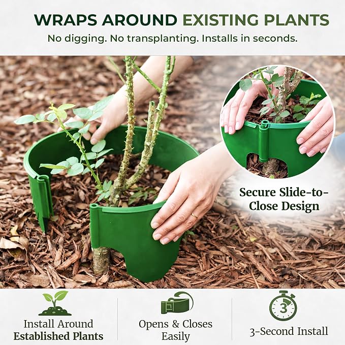 12 Inch Wrap-Around Adjustable Planting Grow Rings | 12 Pack | Green | Install Around Existing Plants | Square Foot Gardening | Trimmer Protection and Mulch Barrier | Heavy Duty | Made in USA