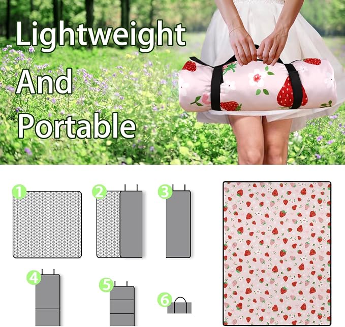 Strawberry Bow Picnic Blankets Waterproof Foldable, 60’‘x80'' Portable Outdoor Picnic Mat Water Resistant for Grass, Padded Lawn & Park Blanket for Camping,Hiking