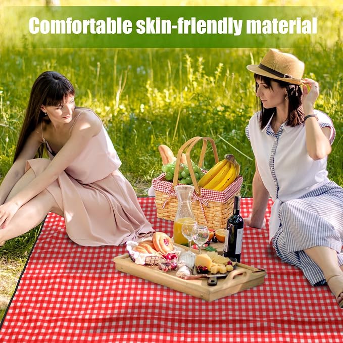 Patelai Wicker Picnic Basket Natural Hand Woven Basket with Double Folding Handles, Willow Hamper Baskets with Blanket for Outdoor Picnic Summer Spring Camp Family(Red and White Grid)