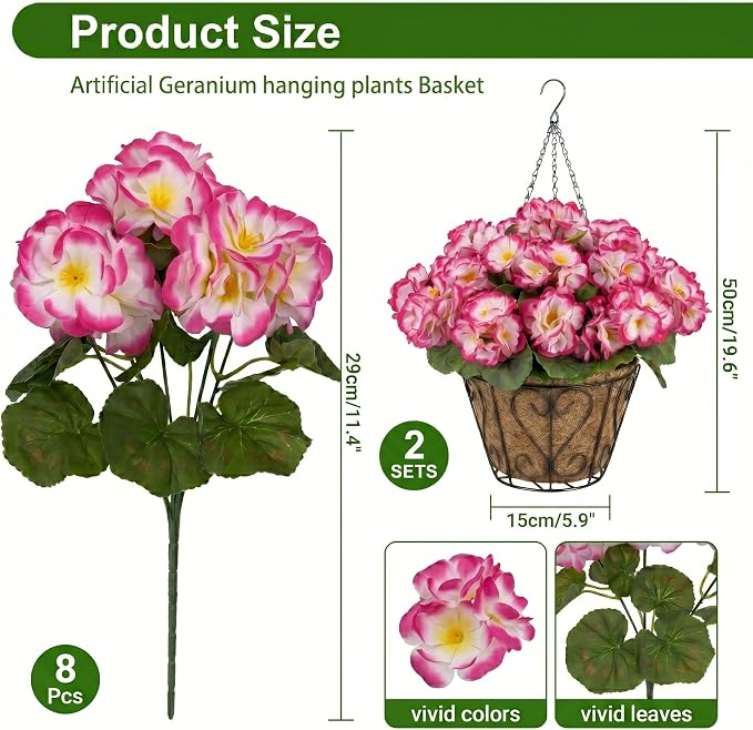 2 Pack Artificial Geraniums Flowers with Hanging Baskets,UV Resistant Silk Faux Geranium Flowers with Hanging Planters for Outdoor Patio Balcony Porch Garden Home Decor (Gradient Rose Red)