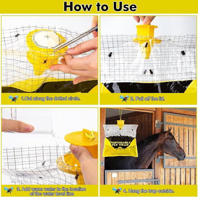 Glovv Fly Traps Outdoor Hanging with Fly Bait, 4 Pack Disposable Bags Hunter Ranch Trap, Flies Control Bug Catcher Killer Repellent for Stable Horse Barn & Farm