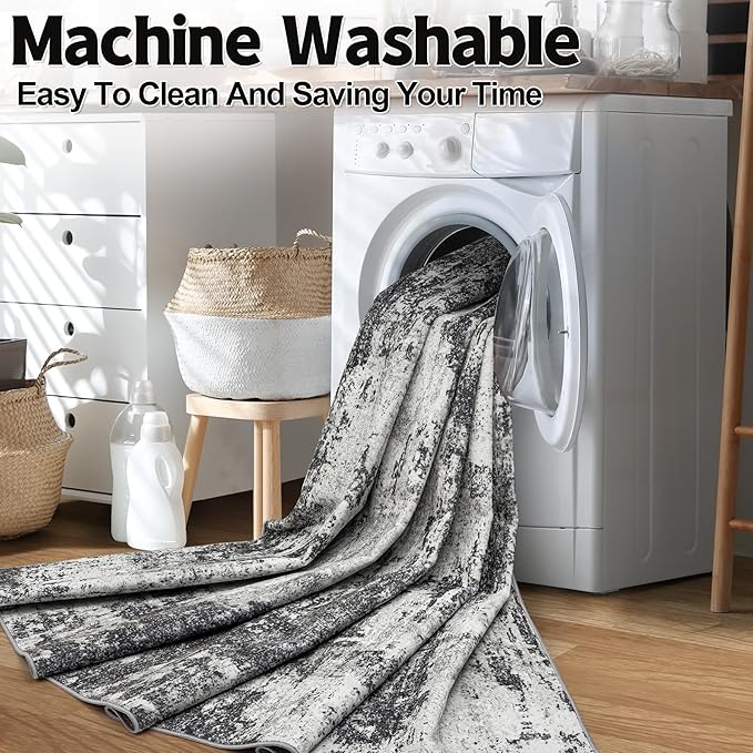 Tosuoka 2'6''x8' Area Rugs for Living Room Abstract Washable Black Rug | With Anti-Slip Backing，Non-Shedding，Stain-Resistant，Soft Modern Large Carpet for Bedroom Dining Room Farmhouse Nursery