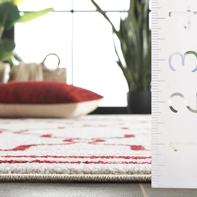 SAFAVIEH Amherst Collection Area Rug - 9' x 12', Ivory & Red, Trellis Design, Non-Shedding & Easy Care, Ideal for High Traffic Areas in Living Room, Bedroom (AMT414H)