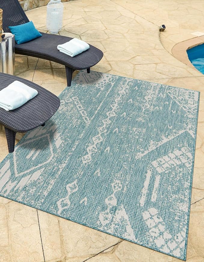 Unique Loom Outdoor Bohemian Collection Area Rug - Anthro (4' 1" x 6' 1" Rectangle, Light Aqua/ Ivory)