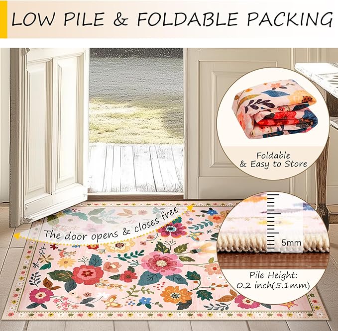 RELEANY Floral Washable 5x8 Area Rugs Pink | Flower Carpet, Print, Boho, Non-Slip, Easy to Clean, Soft, Low Pile for Living Room Bedroom Kitchen Office Entryway Hallway