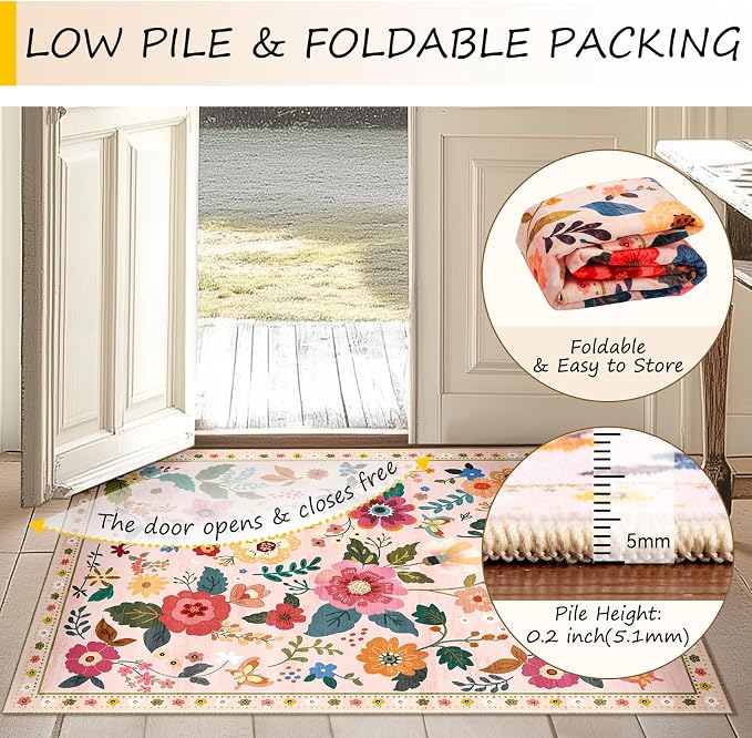 Floral Washable 2x8 Area Rugs Runner Entryway Hallway Pink | Flower Carpet, Print, Boho, Non-Slip, Easy to Clean, Low Pile, Soft, for Living Room Bedroom Kitchen Office Entrance