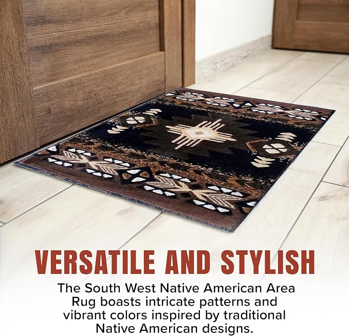 YHSF Southwest Native American Area Rug – Thick, Soft, Durable & Easy to Maintenance Tribal Design Boho Rug– Ideal for Bedroom, Living Room & Hallway - Black, 2 Feet x 3 Feet 4 Inches