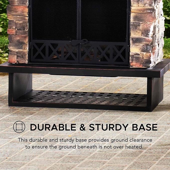 Sunjoy Outdoor Fireplace, Heavy Duty Patio Wood Burning Fireplace with Steel Chimney, Mesh Spark Screen Doors, Removable Grate and Fire Poker, Black