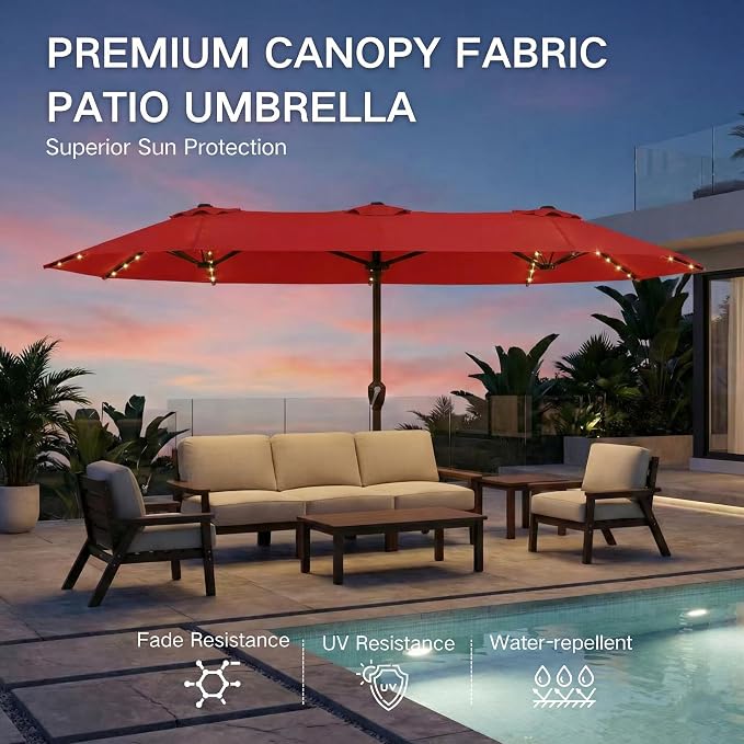 Kingdura 15ft Large Patio Umbrella with Solar Lights, Double-Sided Rectangle Lighted Outdoor Table Umbrella with Base Included, 12 Reinforced Ribs, 48 Led Lights, Crank Lift for Market Pool Deck Backyard, Red