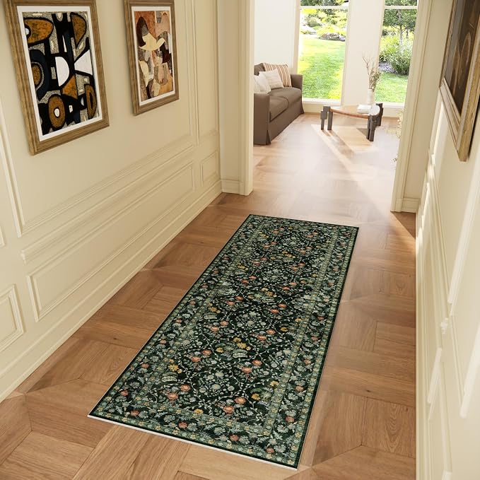 Vintage Botanical Dark Green Washable Runners for Hallways, 2x6 Runner Rug Non Slip Ultra-Thin, Boho Soft Hallway Rug Forest Green Carpet for Kitchen Bedroom Bathroom Laundry Room
